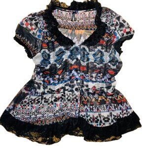Lapis Y2k Lace & Mesh Sheer Button Front Ruffled Whimsygoth Blouse Top M/L